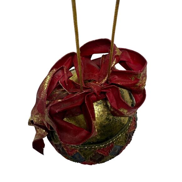 Vintage Harlequin Paper Mache Christmas Ornament Ball with Red Bow - Picture 3 of 6